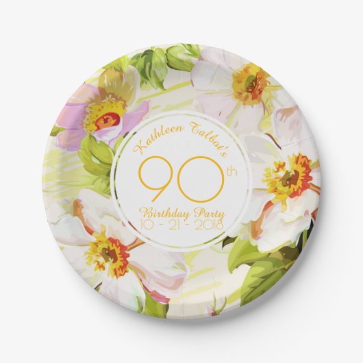 Roses Peonies 90th Birthday Party Paper Plate Papieren Bordje (Voorkant)