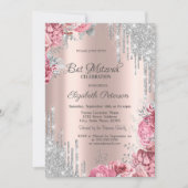 Roses Silver Glitter Drips Rose Gold Bar Mitzvah Kaart (Voorkant)