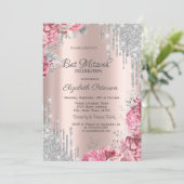 Roses Silver Glitter Drips Rose Gold Bar Mitzvah Kaart (Staand voorkant)
