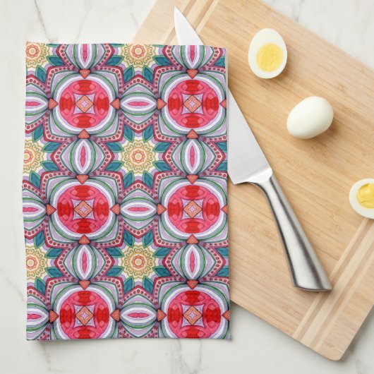 Rosette Bloom Tegel – Levendige Mandala Bloemen Theedoek (Quarter Fold)