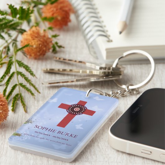 Rosette Cross Blue Butterflies Pet Memorial Poem Sleutelhanger (Voorkant Rechts)