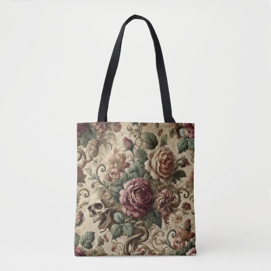 Rosewood Crematorium - Gotische schedel en bloemen Tote Bag (Voorkant)
