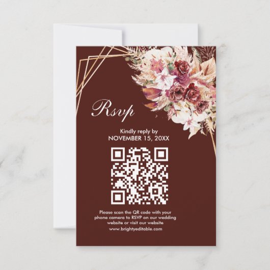Rosewood Gold Frame QR Code Wedding RSVP Card Kaartje (Voorkant)