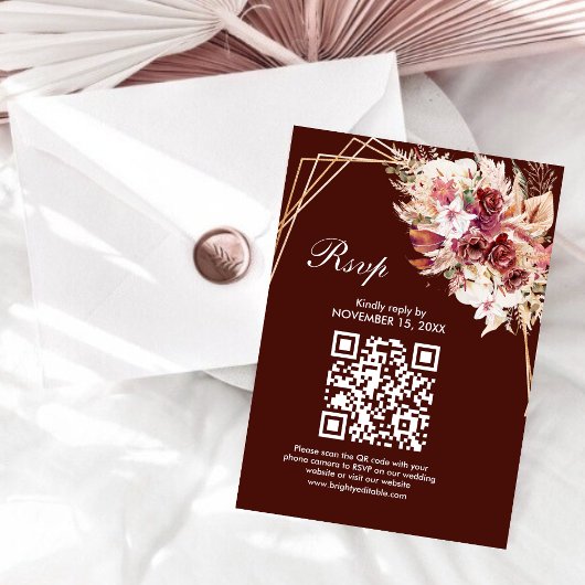 Rosewood Gouden Frame QR Code Huwelijks RSVP Kaart
