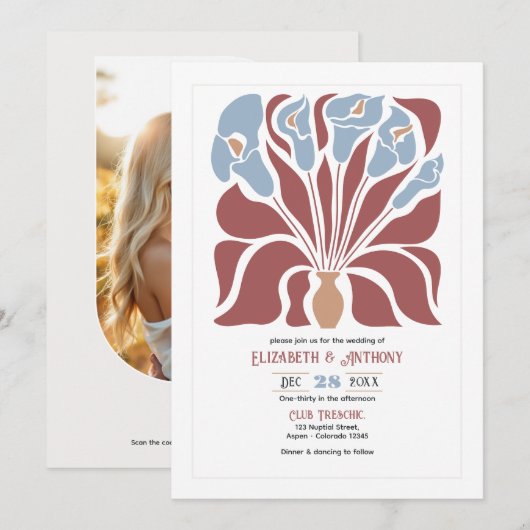 Rosewood & Mist Abstracte Bloem Boho Bruiloft Kaart (Voorkant / Achterkant)