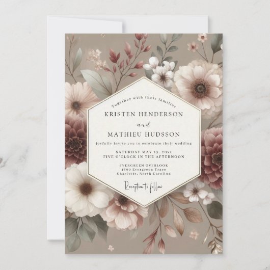 Rosewood Muted Bloom Bruiloft Kaart (Voorkant)