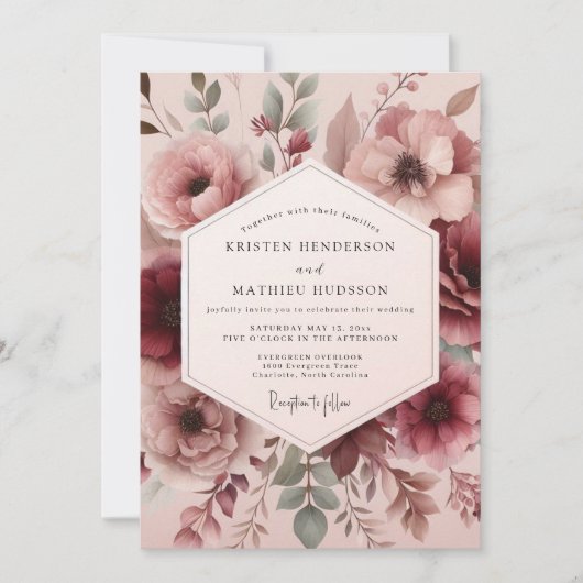 Rosewood Painterly Flora Wedding Kaart (Voorkant)