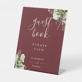 Rosewood Roze Elegante Bloemen Greenery Gastboek Reclamebord Met Voetstuk