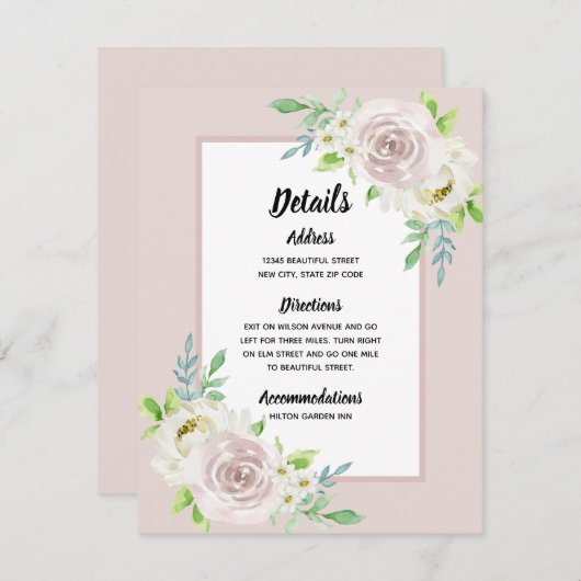 Rosewood Soft Mauve Bloemen Waterverf Roos Bruilof Informatiekaartje (Voorkant / Achterkant)