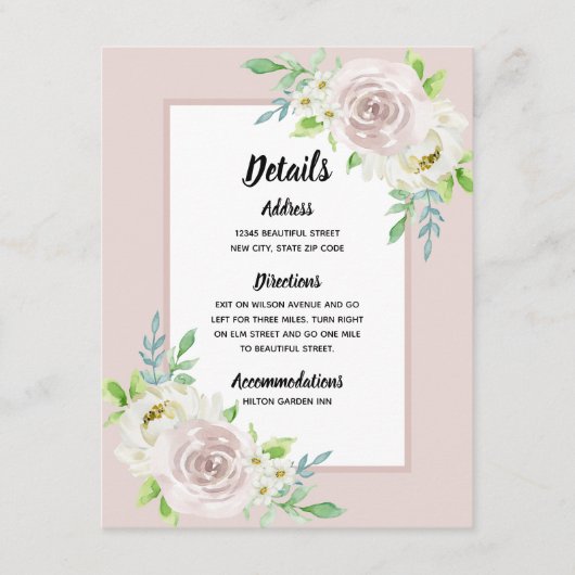 Rosewood Soft Mauve Bloemen Waterverf Roos Bruilof Informatiekaartje (Voorkant)