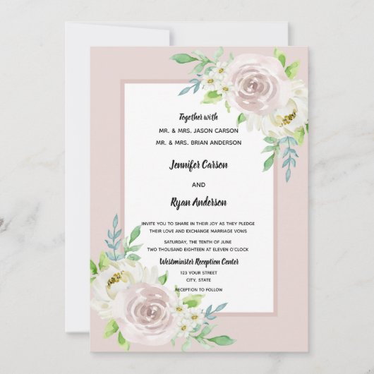 Rosewood Soft Mauve Bloemen Waterverf Roos Bruilof Kaart (Voorkant)