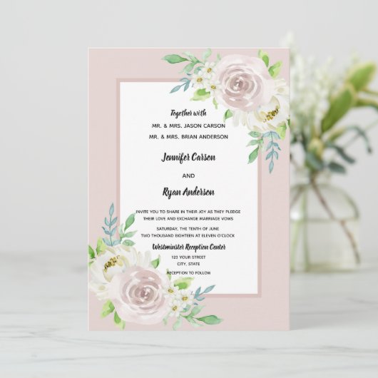 Rosewood Soft Mauve Bloemen Waterverf Roos Bruilof Kaart (Staand voorkant)