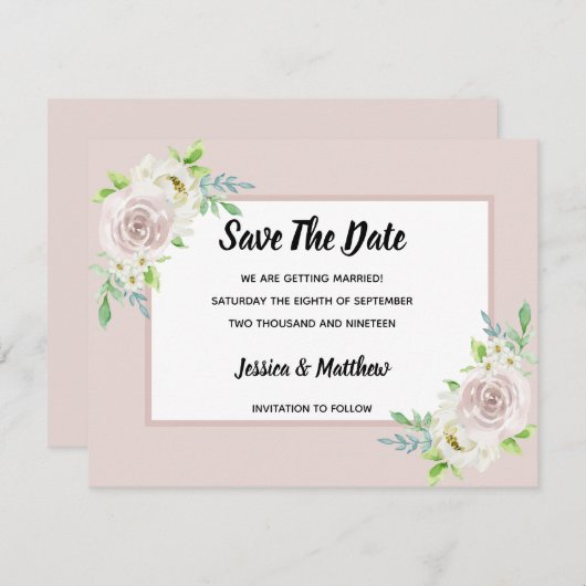 Rosewood Soft Mauve Bloemen Waterverf Roos Bruilof Save The Date (Voorkant / Achterkant)