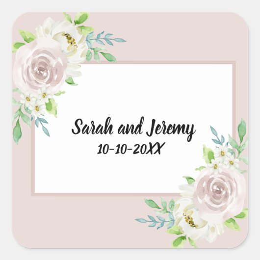 Rosewood Soft Mauve Bloemen Waterverf Roos Bruilof Vierkante Sticker (Voorkant)