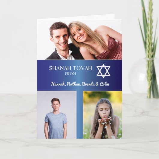 Rosh Hashanah 3 Foto naam Blauw gradiënt effect Feestdagen Kaart (Voorkant)