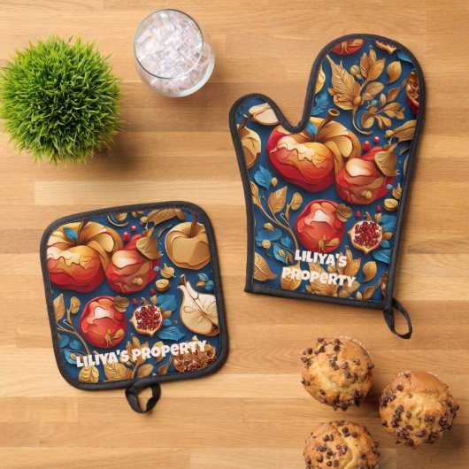 Rosh Hashanah Appels & Granaatappels Ovenwant & Pannenlap Set (Top down)