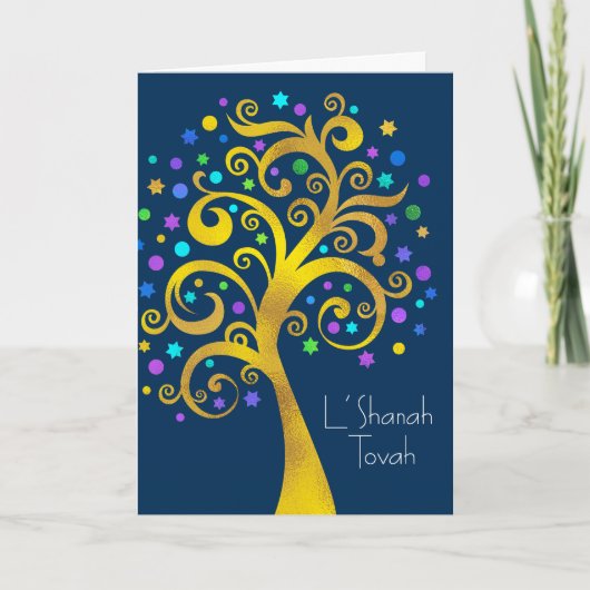 Rosh Hashanah Blauw Gouden Folie Boom van het Leve Kaart (Voorkant)