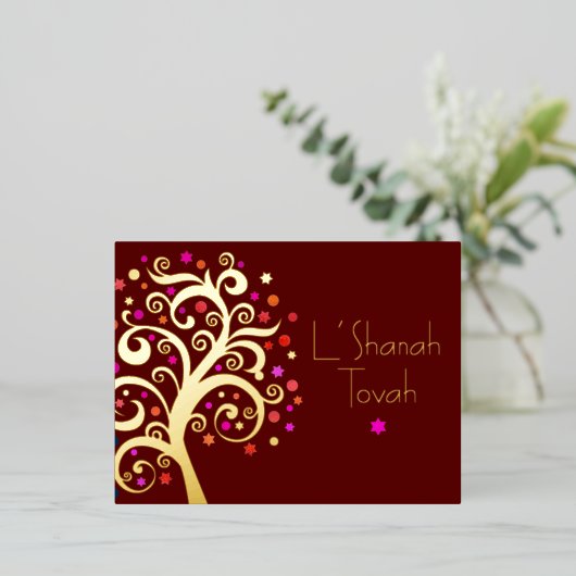 Rosh Hashanah Bourgondië Rood Levensboom Echt Goud Folie Feestdagen Briefkaart (Staand Voorkant)