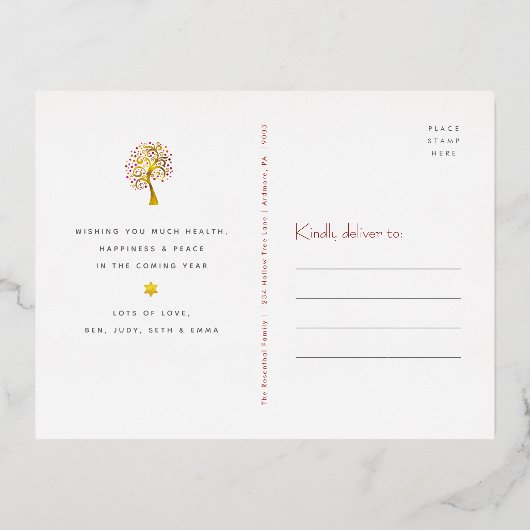 Rosh Hashanah Bourgondië Rood Levensboom Echt Goud Folie Feestdagen Briefkaart (Achterkant)