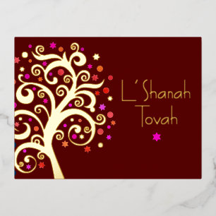 Rosh Hashanah Burgundy Red Tree of Life Real Gold Folie Feestdagen Briefkaart