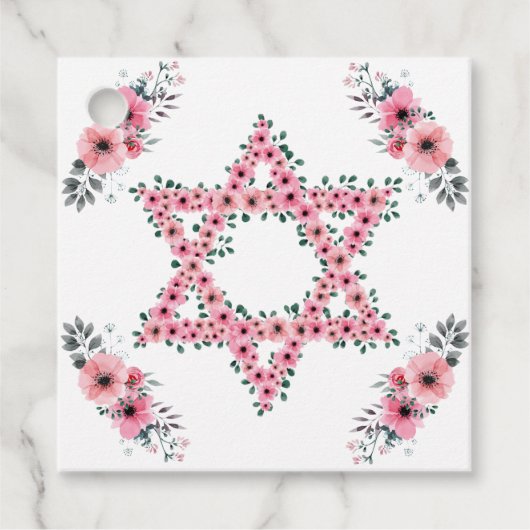 Rosh Hashanah Davidster Roze Bloem Wit Bedankjes Labels (Voorkant)