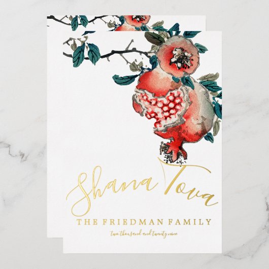 Rosh Hashanah Elegant New Year Dinner Pomegranate Folie Uitnodiging (Voorkant / Achterkant)
