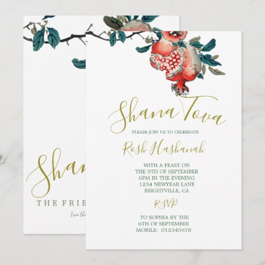 Rosh Hashanah Elegant Nieuwjaarsdiner Granaatappel Kaart (Voorkant / Achterkant)