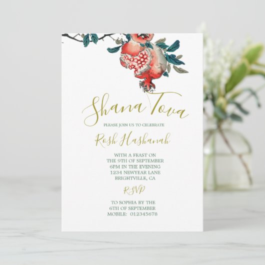 Rosh Hashanah Elegante Nieuwjaarsdiner Granaatappe Kaart (Staand voorkant)