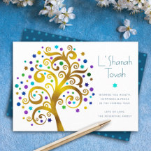 Rosh Hashanah Gold en Blue Folie Tree of Life Flat
