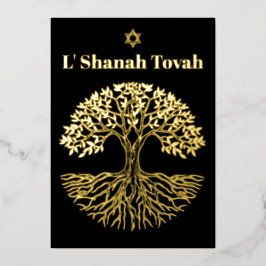 Rosh Hashanah Gold Foil Tree of Life Zwart Folie Feestdagenkaart