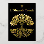 Rosh Hashanah Gold Foil Tree of Life Zwart Folie Feestdagenkaart (Voorkant)
