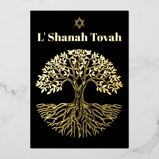 Rosh Hashanah Gold Foil Tree of Life Zwart Folie Feestdagenkaart (Voorkant)