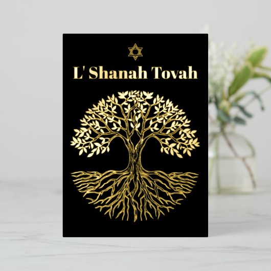 Rosh Hashanah Gold Foil Tree of Life Zwart Folie Feestdagenkaart (Staand Voorkant)