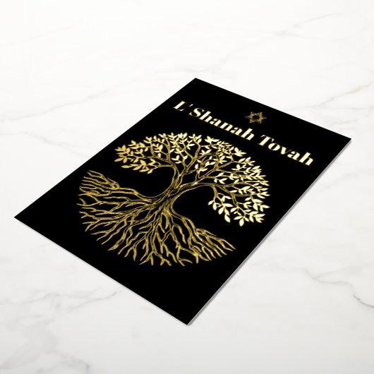 Rosh Hashanah Gold Foil Tree of Life Zwart Folie Feestdagenkaart (Gedraaid)