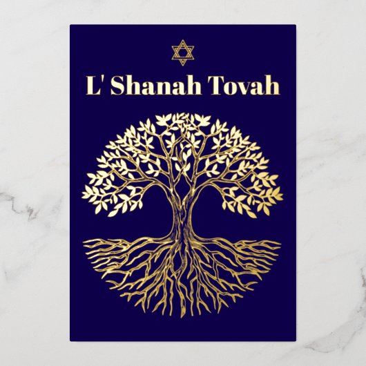Rosh Hashanah Goud Folie Boom des Levens Blauw Folie Feestdagenkaart (Voorkant)