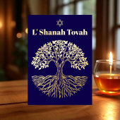 Rosh Hashanah Goud Folie Boom des Levens Blauw Folie Feestdagenkaart