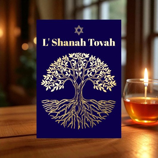 Rosh Hashanah Goud Folie Boom des Levens Blauw Folie Feestdagenkaart