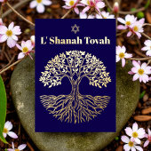 Rosh Hashanah Goud Folie Boom des Levens Blauw Folie Feestdagenkaart