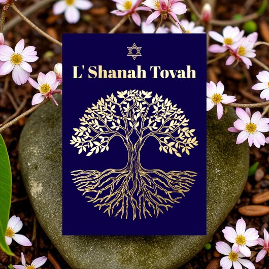 Rosh Hashanah Goud Folie Boom des Levens Blauw Folie Feestdagenkaart