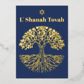 Rosh Hashanah Goud Folie Boom des Levens Blauw Folie Feestdagenkaart (Voorkant)