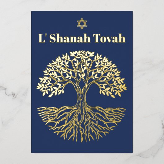 Rosh Hashanah Goud Folie Boom des Levens Blauw Folie Feestdagenkaart (Voorkant)