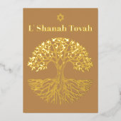 Rosh Hashanah Goud Folie Boom des Levens Bruin Folie Feestdagenkaart (Voorkant)