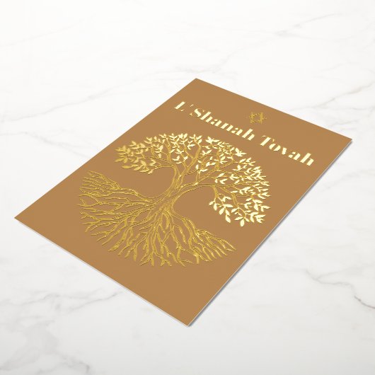 Rosh Hashanah Goud Folie Boom des Levens Bruin Folie Feestdagenkaart (Gedraaid)