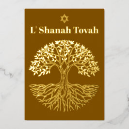Rosh Hashanah Goud Folie Boom des Levens Bruin Folie Feestdagenkaart