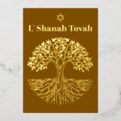Rosh Hashanah Goud Folie Boom des Levens Bruin Folie Feestdagenkaart (Voorkant)