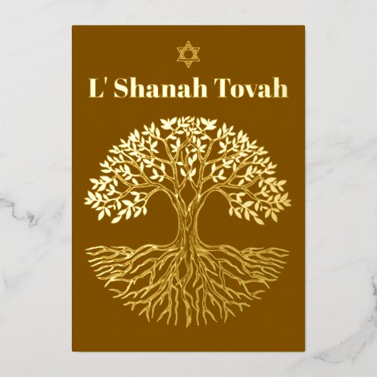 Rosh Hashanah Goud Folie Boom des Levens Bruin Folie Feestdagenkaart (Voorkant)