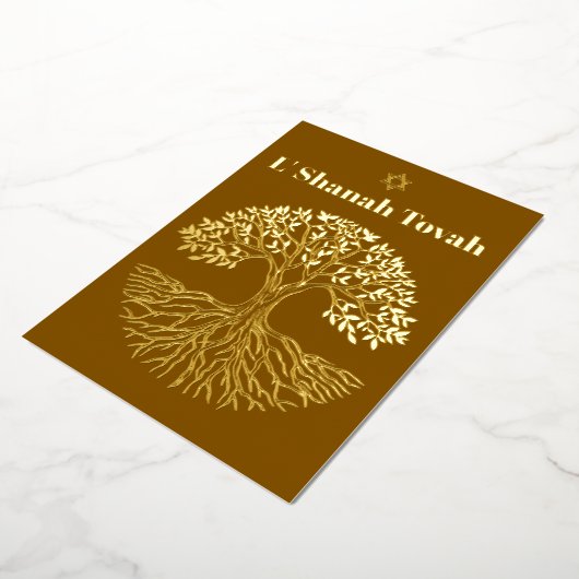 Rosh Hashanah Goud Folie Boom des Levens Bruin Folie Feestdagenkaart (Gedraaid)