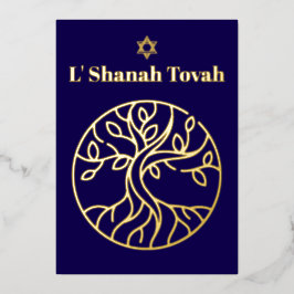 Rosh Hashanah Gouden Folie Boom van het Leven Blau Folie Feestdagenkaart