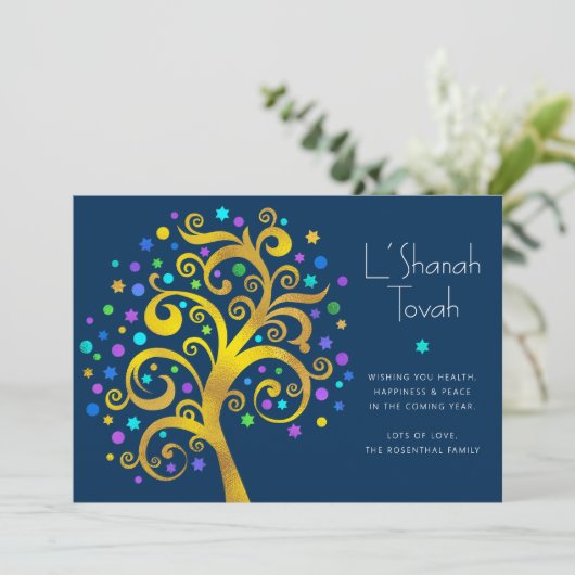 Rosh Hashanah Gouden Folie Boom van het Leven Mari Feestdagenkaart (Staand voorkant)