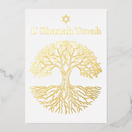 Rosh Hashanah Gouden Folie Boom van het Leven Wit Folie Feestdagenkaart (Voorkant)